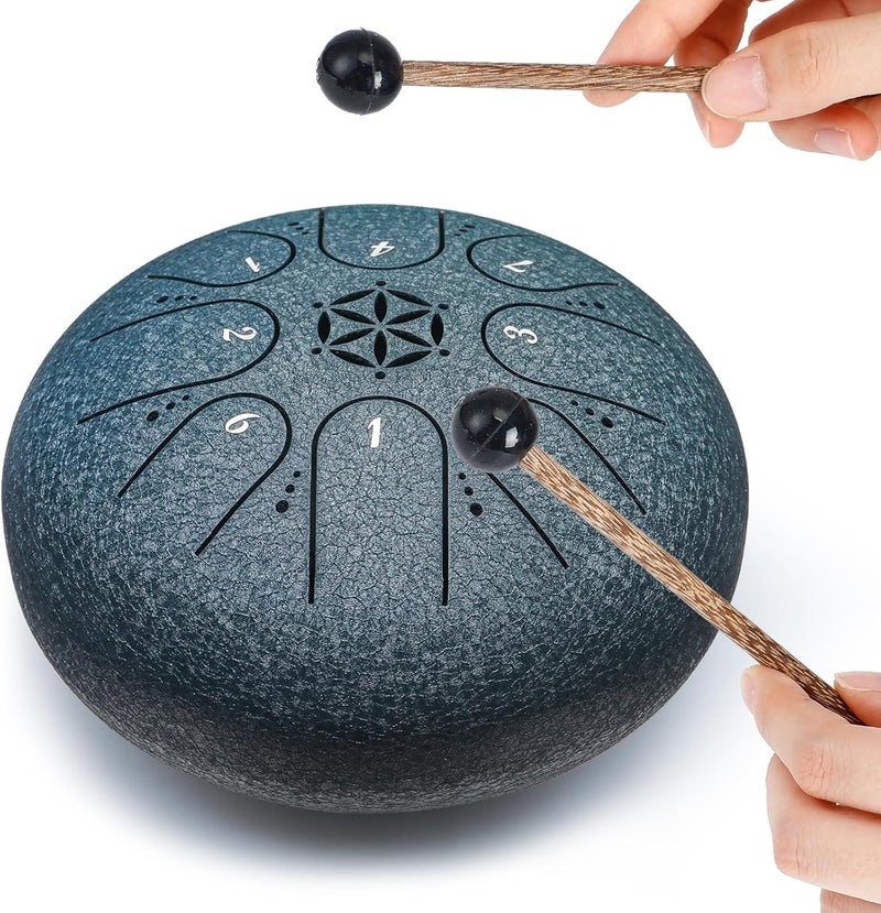 PUJONI Steel Tongue Drum, 6 Inch 8 Notes Percussion Instruments with Music Book, Mallets, Carry Bag, Finger Picks, Gifts for Beginners Musical Education & Adults Relaxation Meditation (Navy) - Image 2